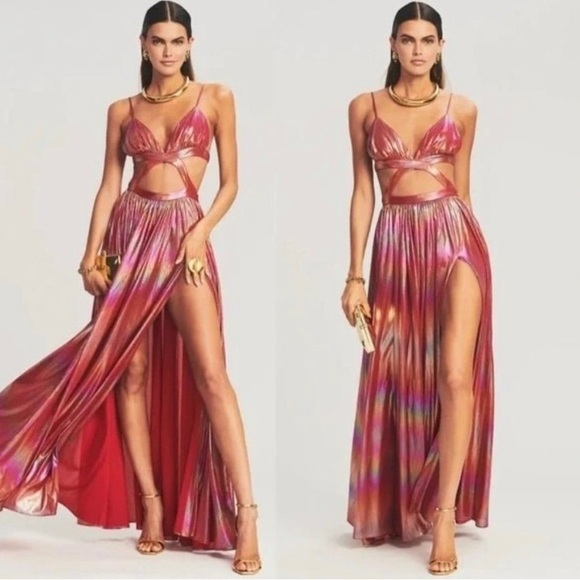 Retrofete NEW Jett Dress Rainbow Orange Ombre Red Metallic Cut Out Maxi M $675.0 - Picture 2 of 16